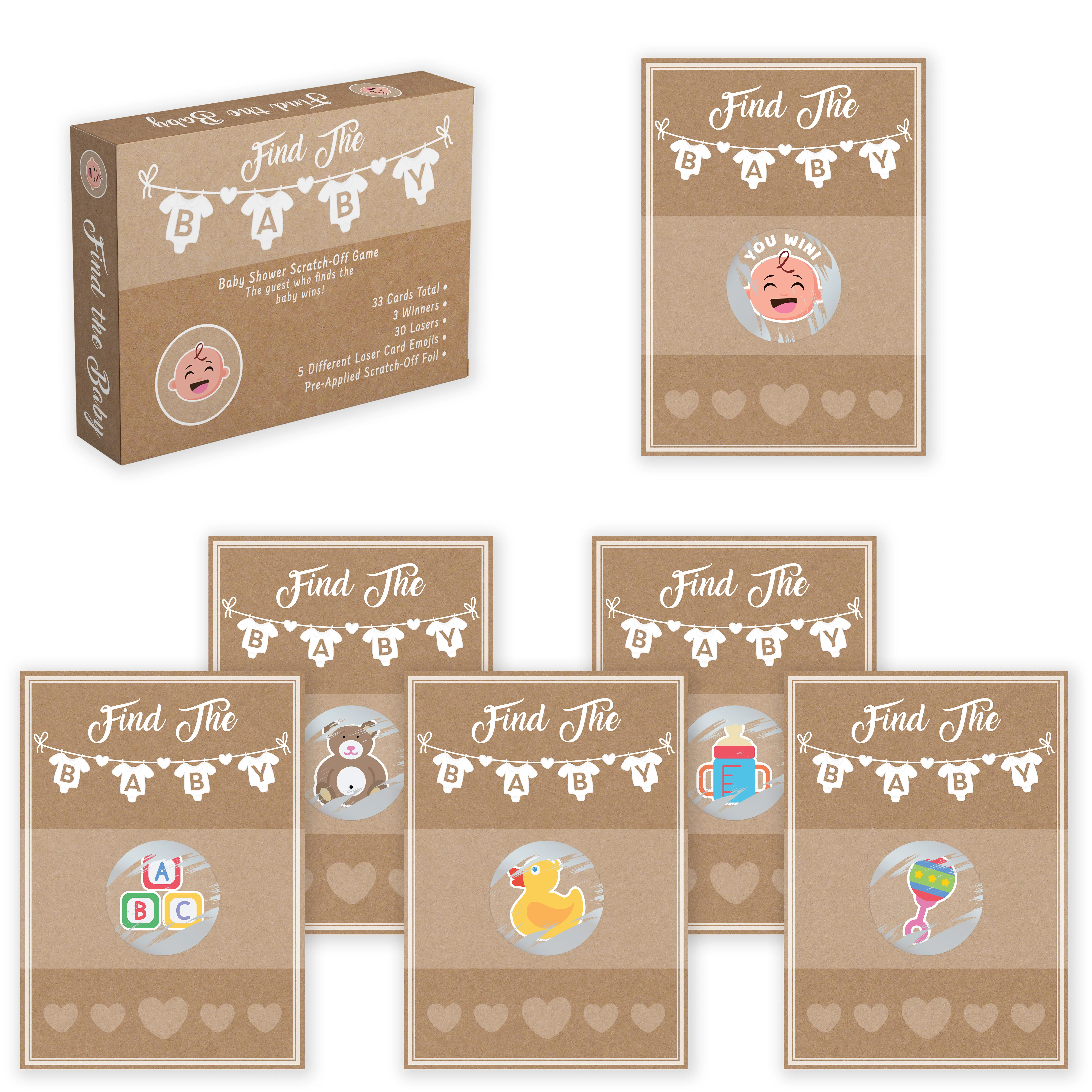 Baby Shower Game Set - 33 Kraft Finish Raffle Cards, Emoji Scratch-Off Lottery Tickets, 3 Winners, 5 Loser Designs, Stylish Design Gender-Neutral Ice Breaker for Favors Party, 12 Years Above