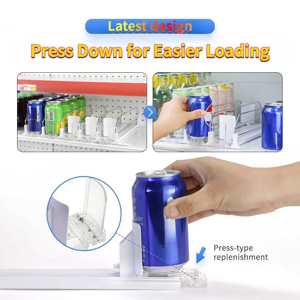Fridge Drink Organizer, Auto Push Refrigerator Beverage Storage Rack With Press-Down Front Stopper,Soda Can Dispenser, Fit Low Fridge Shelves, 3/5/6 Rows