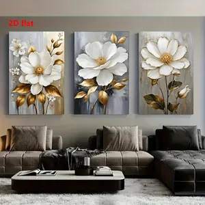 2D Flat Surface, 3pcs Perfect Combination of Golden Leaves and White Flowers, Art Canvas Print, Frameless, Perfect Gift for Friends and Family, Wall Art Room Decoration, Wall Poster, Suitable for Home, Office, Cafe