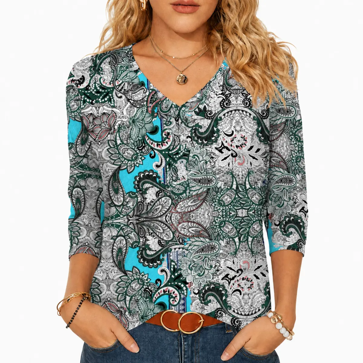 Women's 3/4 Sleeve V-Neck Bohemian Floral Paisley Print Vintage Blouse - Soft, Lightweight, Breathable, Comfortable Loose-Fit T-Shirt for Work, Travel, Everyday Wear, S-5XL
