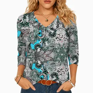 Women's 3/4 Sleeve V Neck Boho Top, Floral Paisley Print Vintage Blouse, Soft Lightweight Casual T Shirt, Loose Fit Summer Shirt for Work, Travel, Vacation, Weekend, Daily Wear Casual Outfit, S-5XL
