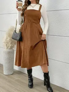 Plus Size Fashion Vintage Strap Dress with Buttons, Casual Woven Fabric, Fitted Style for Spring Season, Women's Clothing, Casual Wear