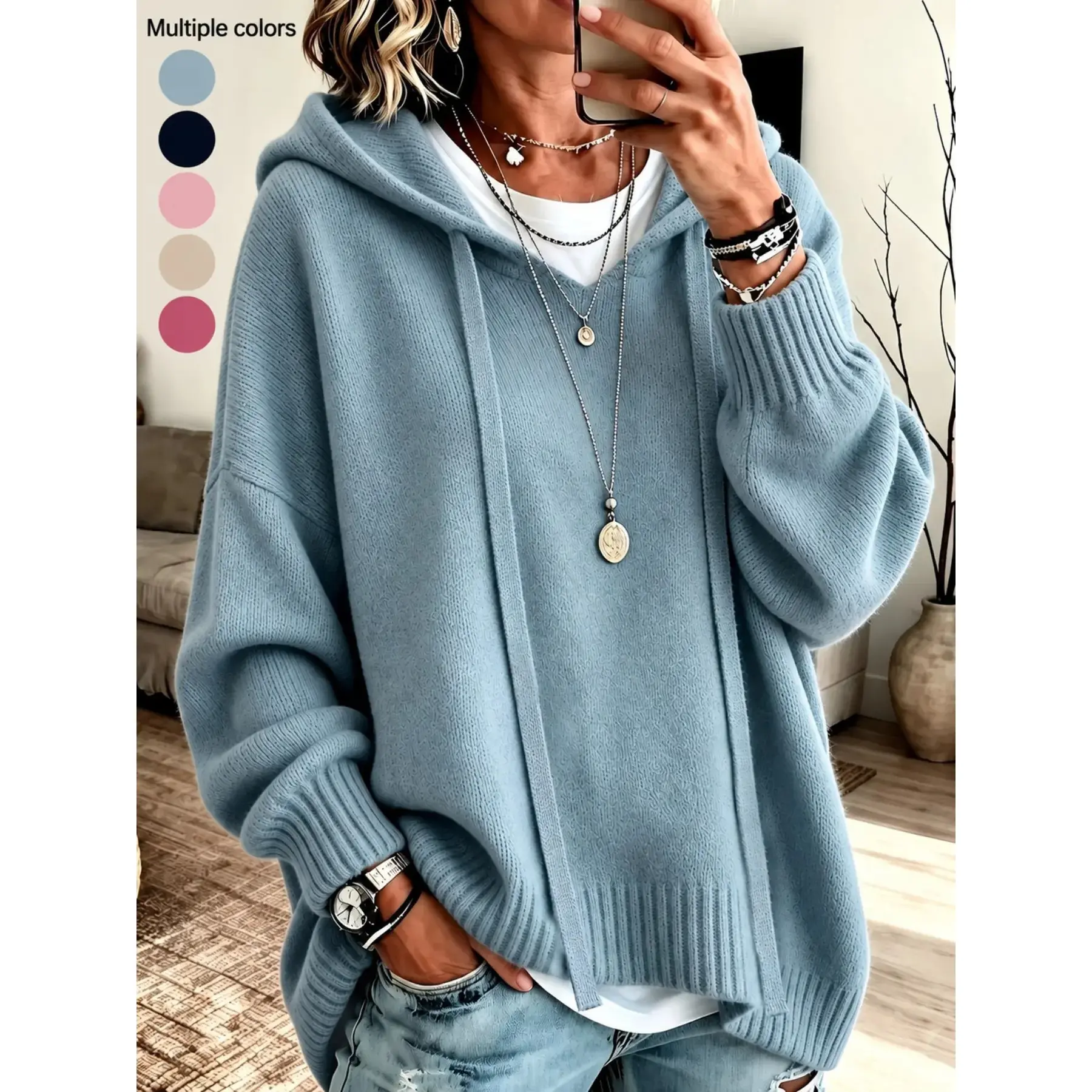 American Vintage Oversized Casual Hooded Sweater, autumn and winter solid color simple versatile dropped shoulder lantern sleeve hooded sweater, 2026 new fashion women's clothing