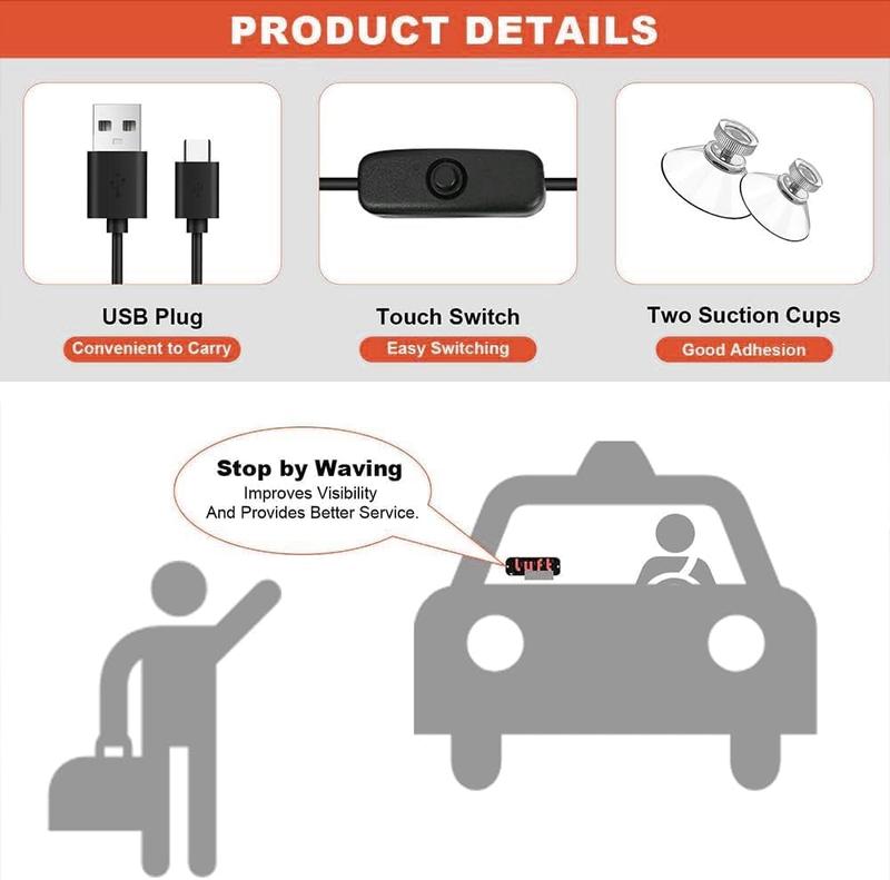 Taxi LED Light Sign for Car Uber/Lyft with Suction Cups USB Plug for Cars Trucks SUVs Compatible LED Decal for Windshield Visibility