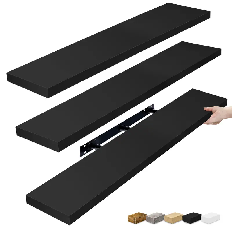 Sorbus 3-Piece Extra Long Rectangular Decorative Floating Wall Shelf Unit - 48x9in Black Steel Wall-Mount Organizer, Mahogany Engineered MDF Shelves with Installation Kit for Garage Organization, Kitchens, Bathrooms