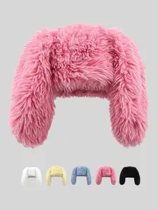 Cute Long Bunny Ear Plush Hat Warm Ear Protection Halloween Party Costume Thickened Fisherman Cap Fashion Street Accessory in Pink Cotton Unisex Masks Black