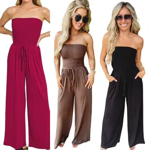 Women’s Strapless Smocked Jumpsuit – Comfortable Basic Casual Chic Beachwear (Rumor Going Round)