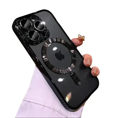 MagSafe Compatible Wireless Smartphone Case, Multi-Model Transparent Plated Soft TPU Cover with Full Lens Protection, Shockproof Black Accessory for iPhone 17Air/17/16/15/14/13/12/11 Pro Max Plus