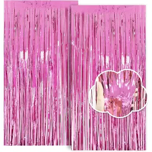 Pink Birthday Decorations for Girls, 3.3x8.2ft Pink Tinsel Backdrop Foil Fringe Curtains, Glitter Pink Streamers Party Decorations Door Hanging for Barbie Bachelorette Graduation Christmas (2 Pack)