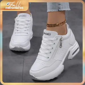 Women's white zippered low-top sports casual shoes, non-slip, waterproof, wear-resistant, Women's Sneakers, comfortable and breathable, daily sports shoes, popular casual , street fashion, thick-soled height-increasing,JH.1012