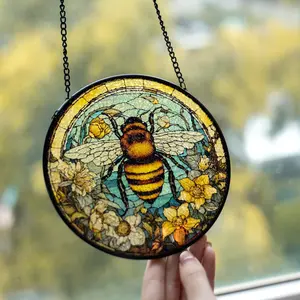 Bee Stained Glass Suncatcher, Honeybee Gift for Garden Lovers, Bee Wildflower Glass Ornament, Home Decoration for Bee, Housewarming Gift