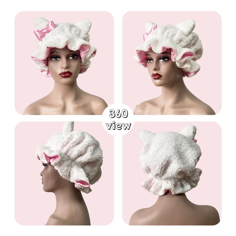 Worm Winter Luxurious White Teddy Bear Hat with Satin Adjustable 3D Texture Plush for Women Hair Care Sleep Bonnet Holiday Party Stylish Cute