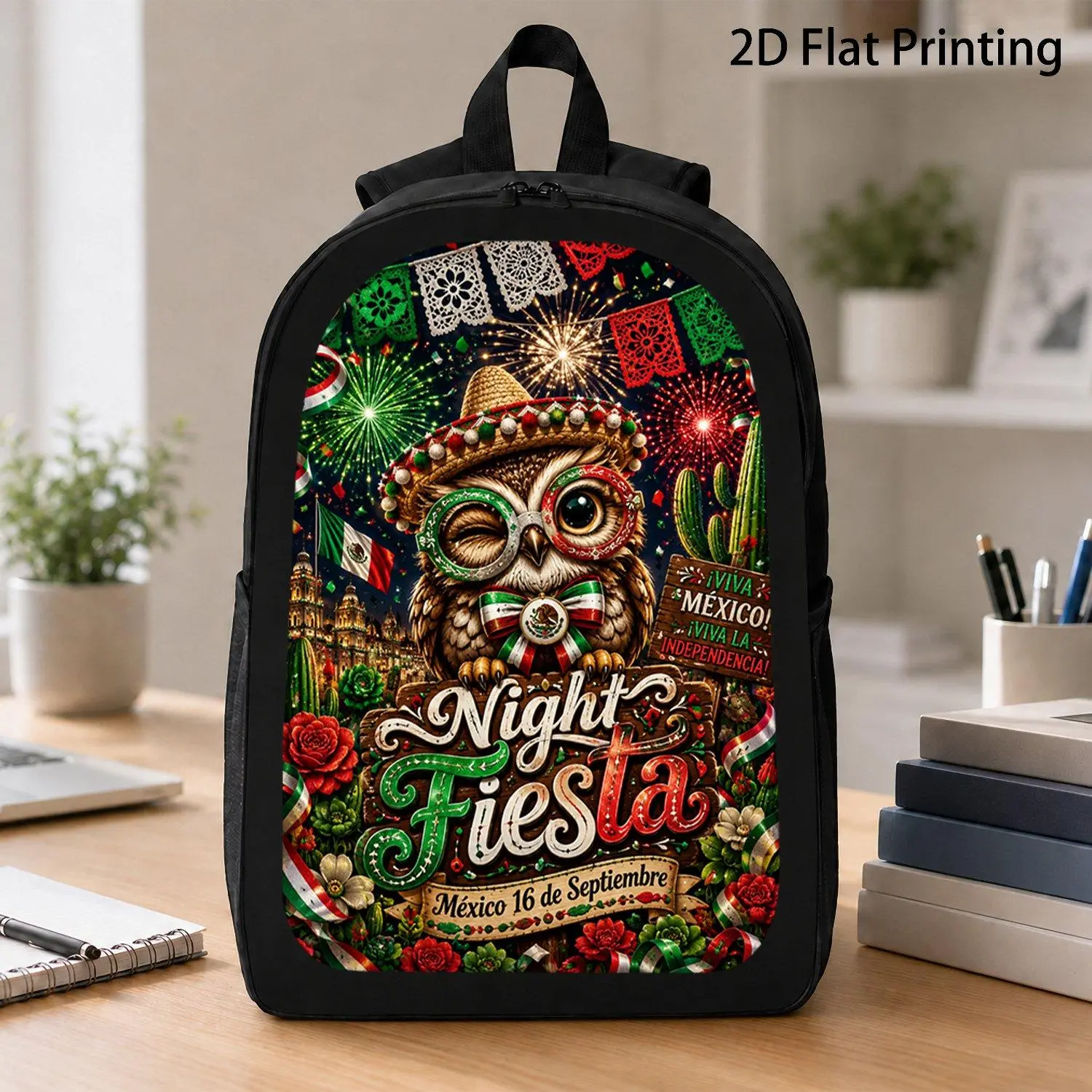 [17 Inch Backpack] 1pc Night Fiesta Mexico 16 De Septiembre Funny Winking Owl In Sombrero Glasses Graphic Backpack Hot Independence Day Casual Laptop Backpack For Men Women