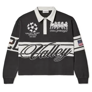 Z.D Vale Forever Victory Boxy Long Sleeve Retro Unisex Heavy Cotton Oversized Polo Black with USA Derby Rugby Logo and American Flag Patch