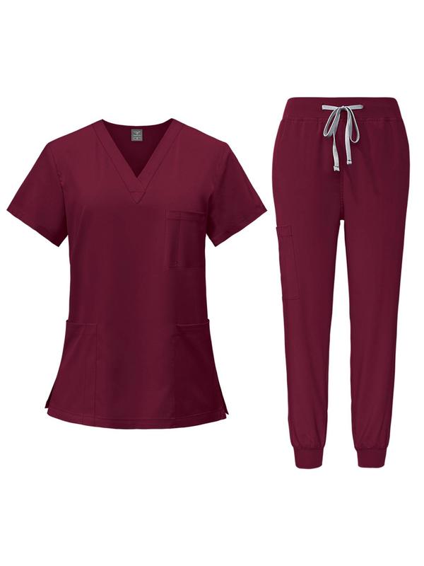 Women's Handwashing Suit Set, Uniforms, V Neck Quick-Dry Breathable Top, Slight Stretch Straight Leg Pants, Multi-Pocket Design, Hospital Clinic Home Wear
