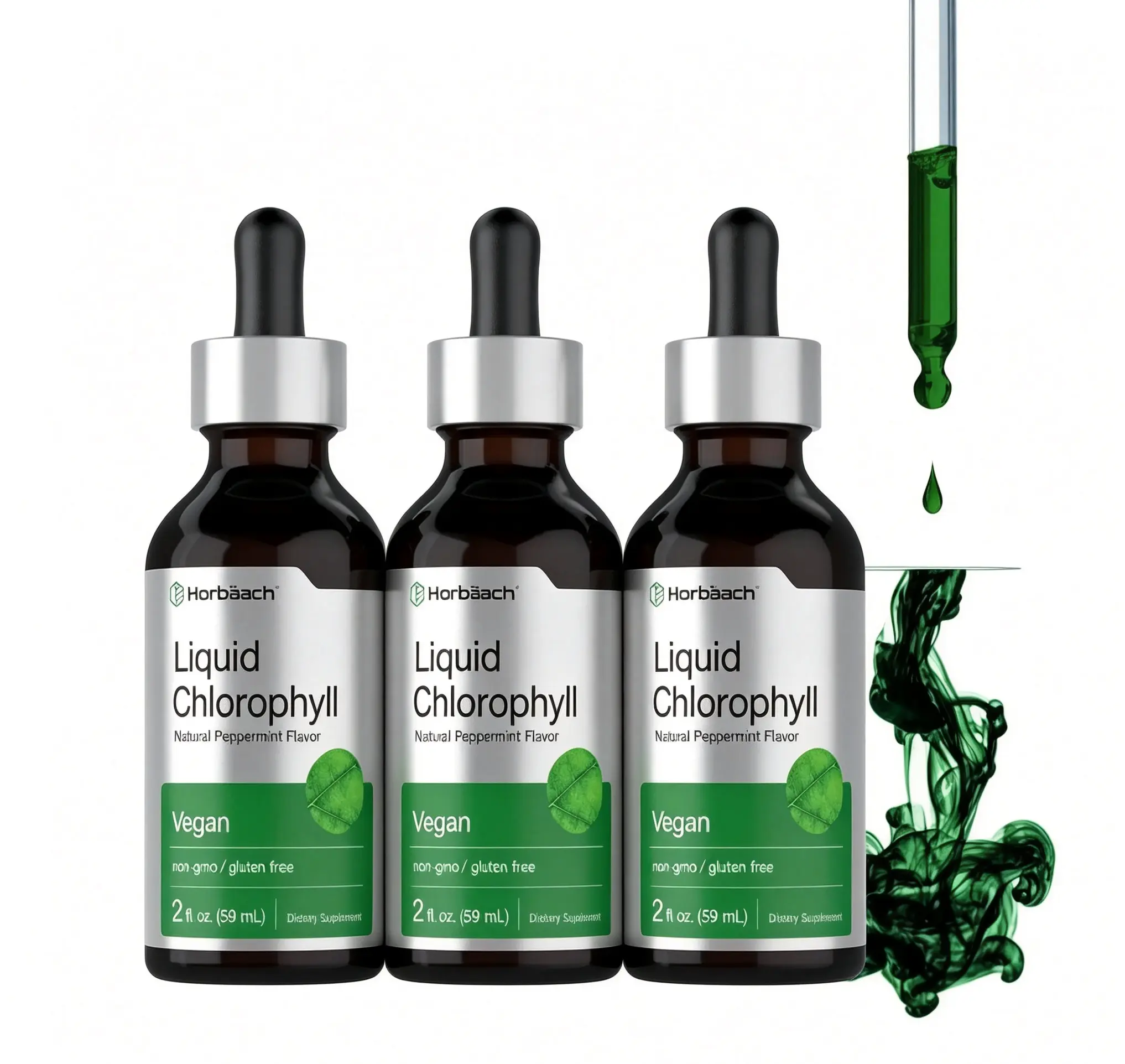 Horbäach Liquid Chlorophyll Drops - 2 oz - Vegan, Non-GMO, and Gluten Free Formula - Natural Peppermint Flavor