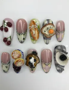 3D Food Nails, Cherry Dessert Charms, Bread & Egg Toast Nails, Sushi & Pancake Accents, Realistic Miniature Food Art, Cute Kawaii Breakfast Press On Nail Set