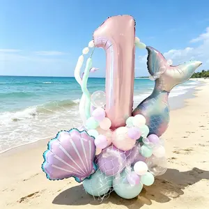 45-Piece Mermaid Ocean Theme Birthday Balloons, Numbers, Shells, Gradient Tail, Latex & Long Strips, Party Decorations