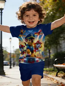 Paw Patrol Mighty Chase Marshall Charge Team Digital Printed T-shirt Digital Printed Infant Short Sleeve Set, Baby Casual Kids' Clothing, T-shirt Suitable for Daily and Outdoor Sports, 100% Polyester, Perfect Gift for Infants!