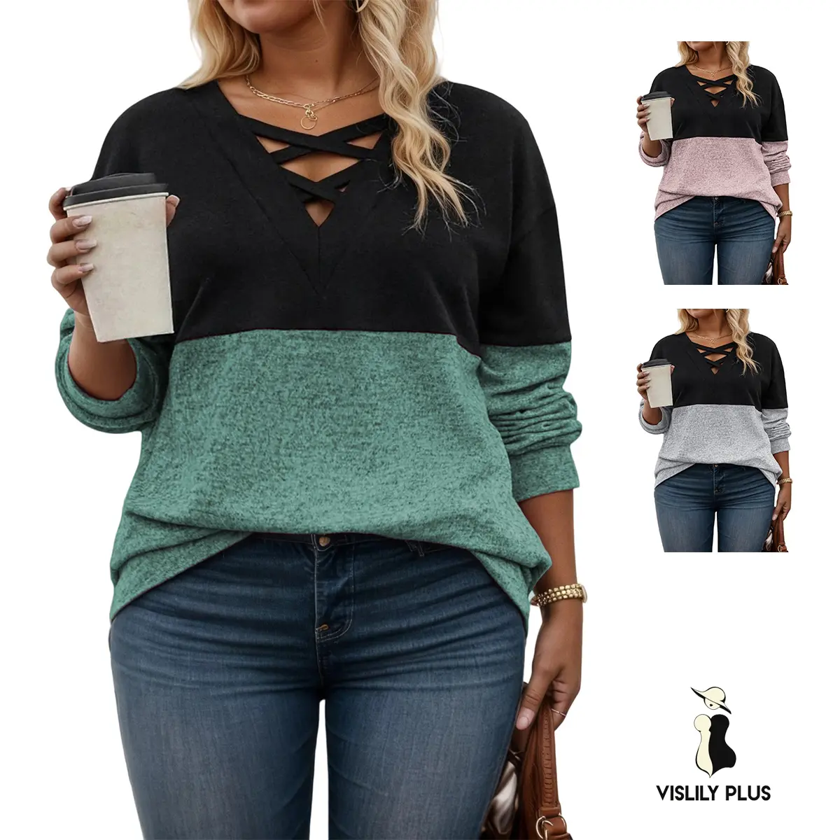 Vislily Plus Size Knitwear Sweatshirt for Women, Casual Color Block Pullover with Romantic Style Lace-Up Criss Cross V-Neck for Business Work, Fabric, Tops