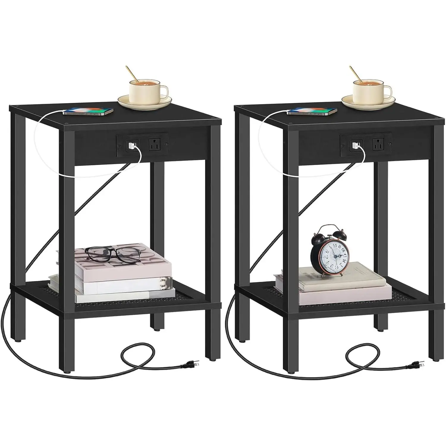 Side Table with  Station, End Table with USB Ports and Outlet, Nightstand with Storage Shelf, Faux Rattan Decoration, for Living Room, Bedroom, Black