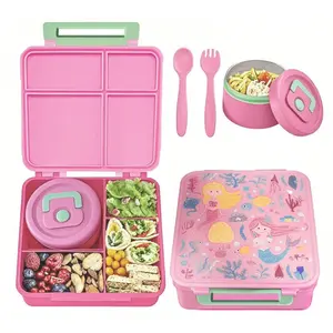 Bento Lunch Box for Kids with 4 Compartment,Kids Leakproof Lunch Food Containers with 8.5oz Soup Thermo, Blue&Pink Nylon Insulated Lunch Bag Adjustable Strap for Teens School Travel Picnic