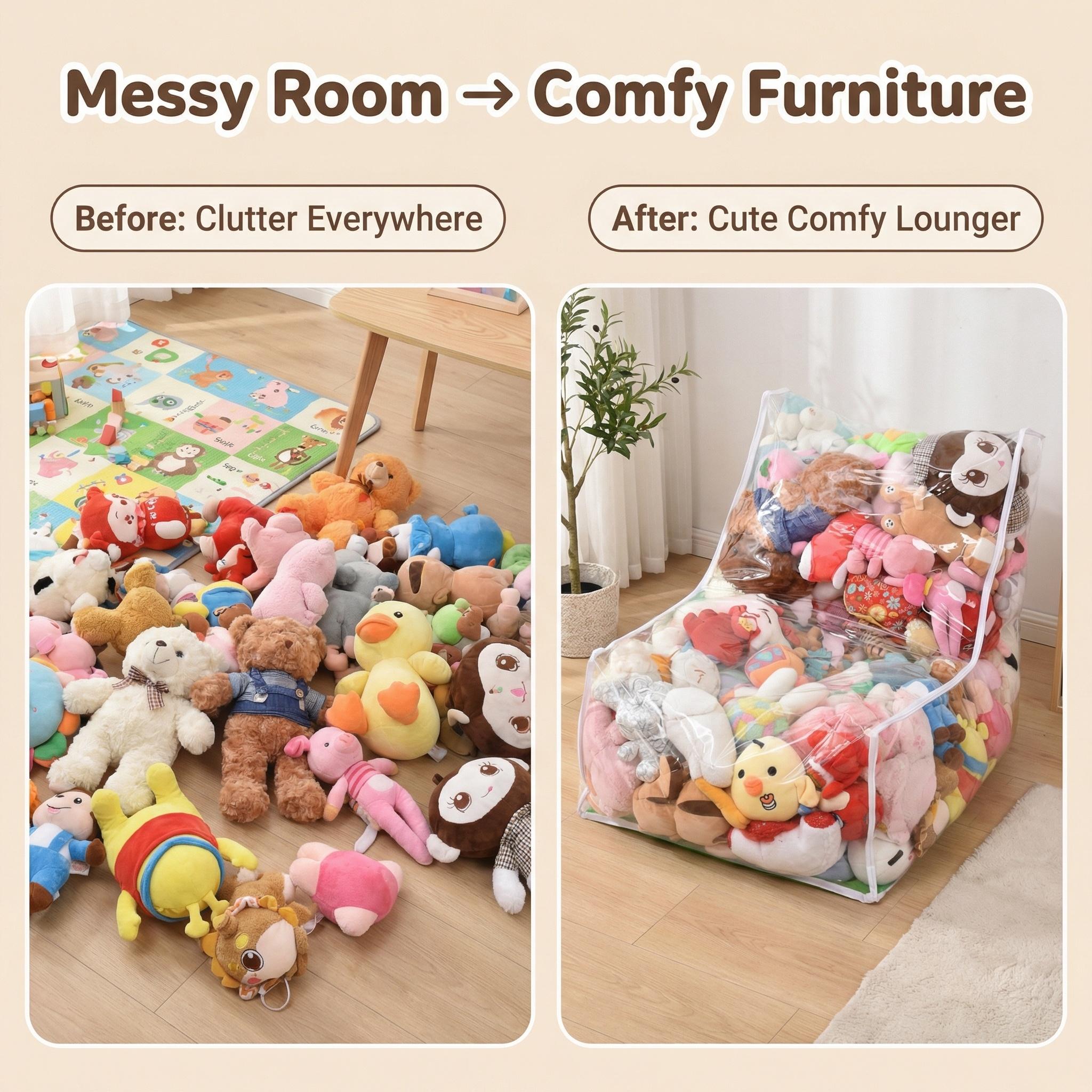 Clear Kids Recliner Sofa, Convertible Lounge Chair for Boys and Girls, See-Through TPU Shell & Waterproof Oxford Cloth, Stuffed  Storage Chair (Shell Only, Toys Not Included)