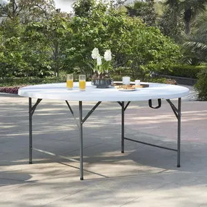 Home 5-Foot White Resin Bi-Fold Folding Table 59"x59" Portable Lightweight Sturdy Steel Legs Indoor Outdoor Multipurpose Table No Assembly Needed Safety Lock Scratch & Stain Resistant Anti Slip Rubber Feet