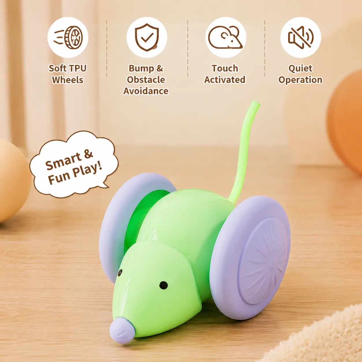 1 Count Mouse Shape Interactive Moving Cat Toy - Intelligent Obstacle Avoidance, Soft TPU Silent Wheels, Enlarged Wheel Design, Touch Activated for Indoor Cats' Daily Play & Entertainment
