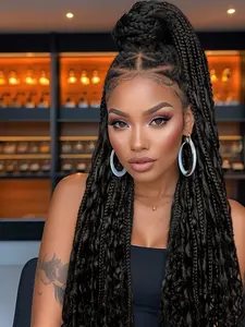 32 Inch Black Long Braided Lace Wigs for Women, Gorgeous Fluffy Wigs with Baby Hair Bangs, Synthetic Braided Lace Wigs for Party, Daily Use, Glueless Hair Wigs