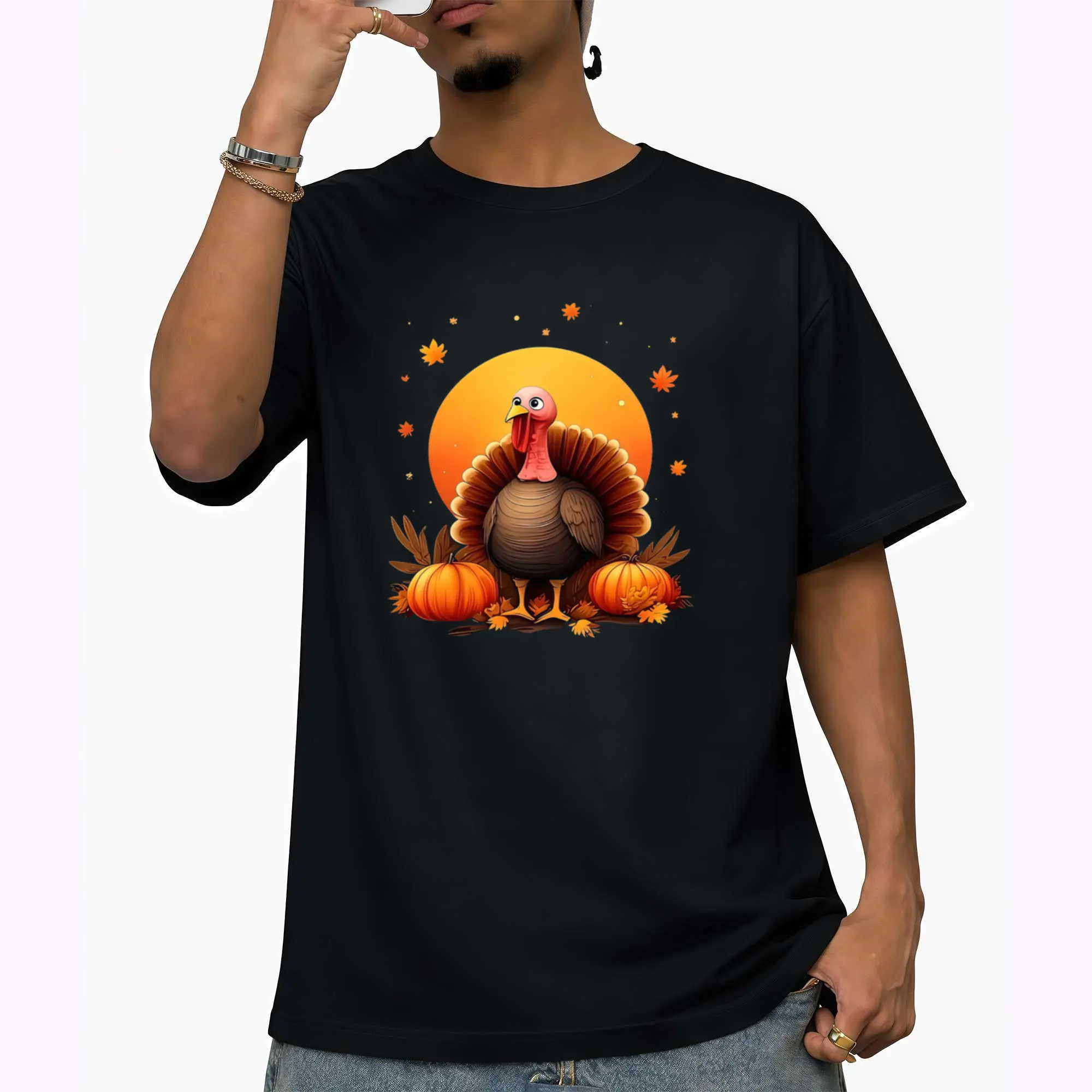 Men'S T-Shirt Featuring a Thanksgiving Turkey Graphic Along with Autumn Leaves And Pumpkins, Designed for Breathability, with a Crew Neck And Regular Fit, Machine Washable, Perfect for Year-Round Outings And Casual Occasions