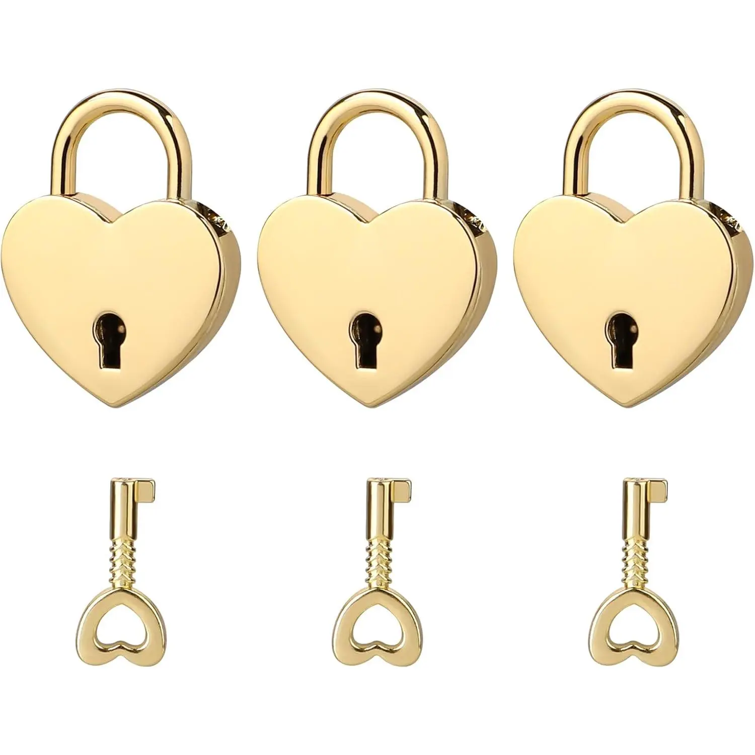 3-Pack Small Size Gold Mini Heart-Shaped Metal Padlocks with 3pcs Keys, Locks + Keys Set for Women - Valentine's Day Gifting to Girlfriend, Ideal for DIY Necklaces, Diary Books, Jewelry Boxes
