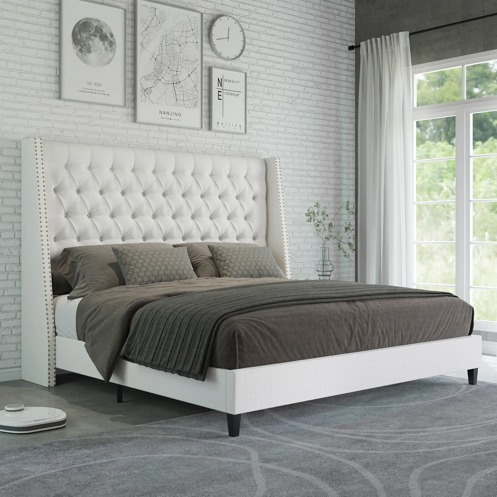 Amerlife Nail Button Tufted Wingback Bed Frame, Linen Upholstered Platform Bed with 56" High Wingback Headboard, No Box Spring Needed