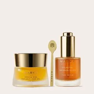 Saffron Symphony is a saffron duo skin care set that features Celestial Saffron Elixir 30ml & Krocus Kiss Radiance Face Gel 50g for Radiance Balance & Renewal