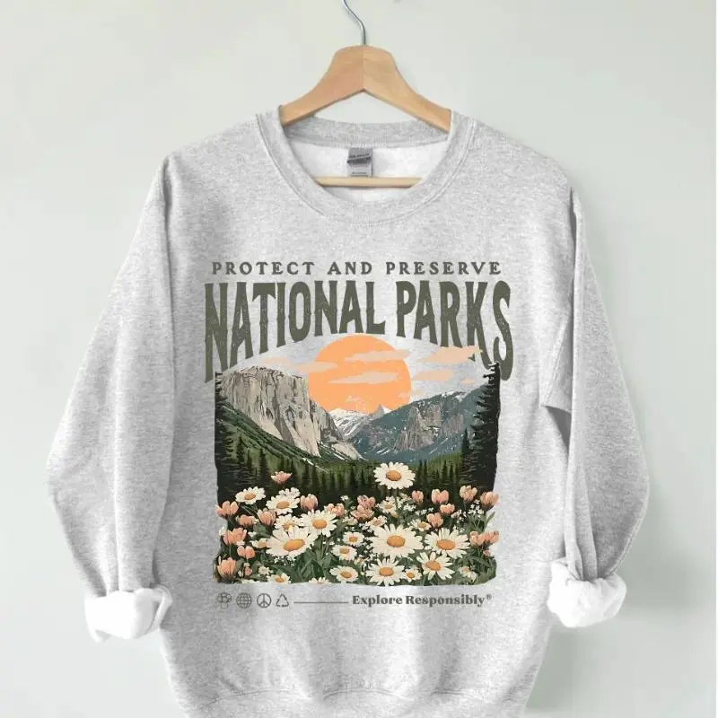 Protect Our Parks Graphic Sweatshirt Vintage National Parks Nature Crewneck Hiking Outdoor Pullover Casual Unisex Streetwear Cozy Everyday Wear Gift for Hikers Campers and Nature Lovers
