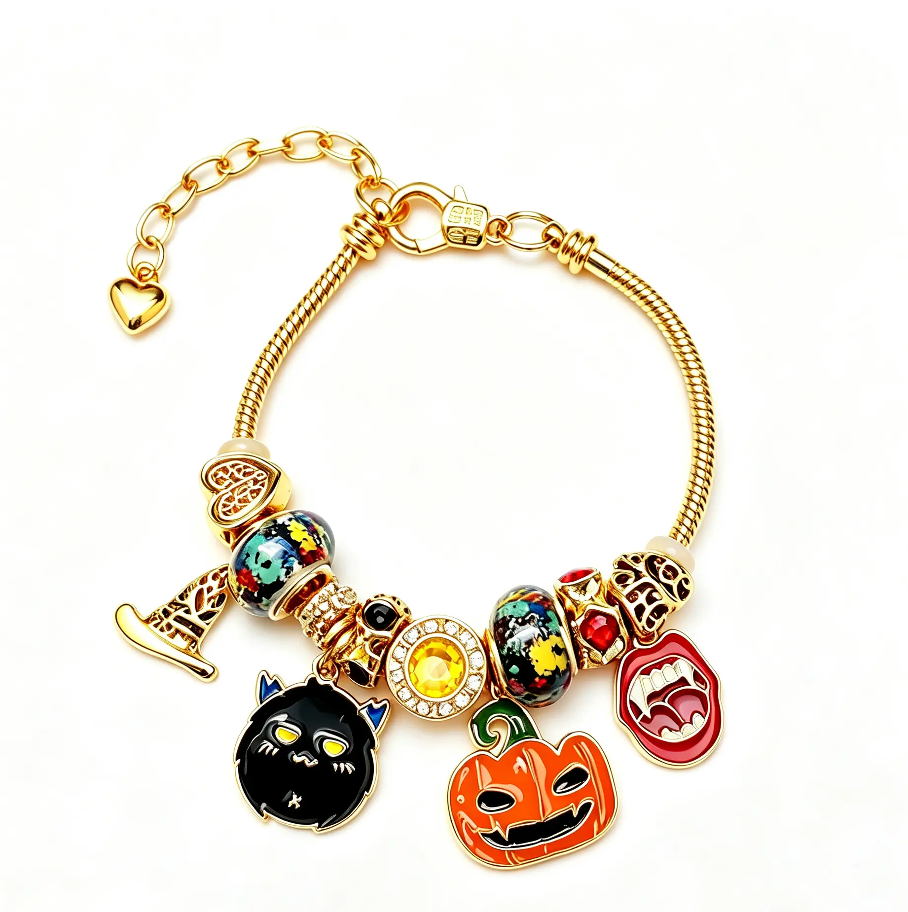 Halloween Charm Bracelet, Gold-Tone Adjustable Snake Chain Bracelet with Pumpkin, Black Devil Cat, Vampire Fangs & Witch Hat Charms, Spooky Cute Halloween Jewelry Gift for Women Girls