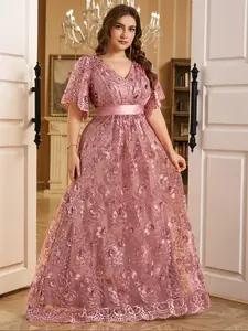 Elegant Long Rhinestone Neckline Ruffle Sleeve Sequined Embroidered Floral Evening Dress, Random Cut, Perfect for Special Occasions