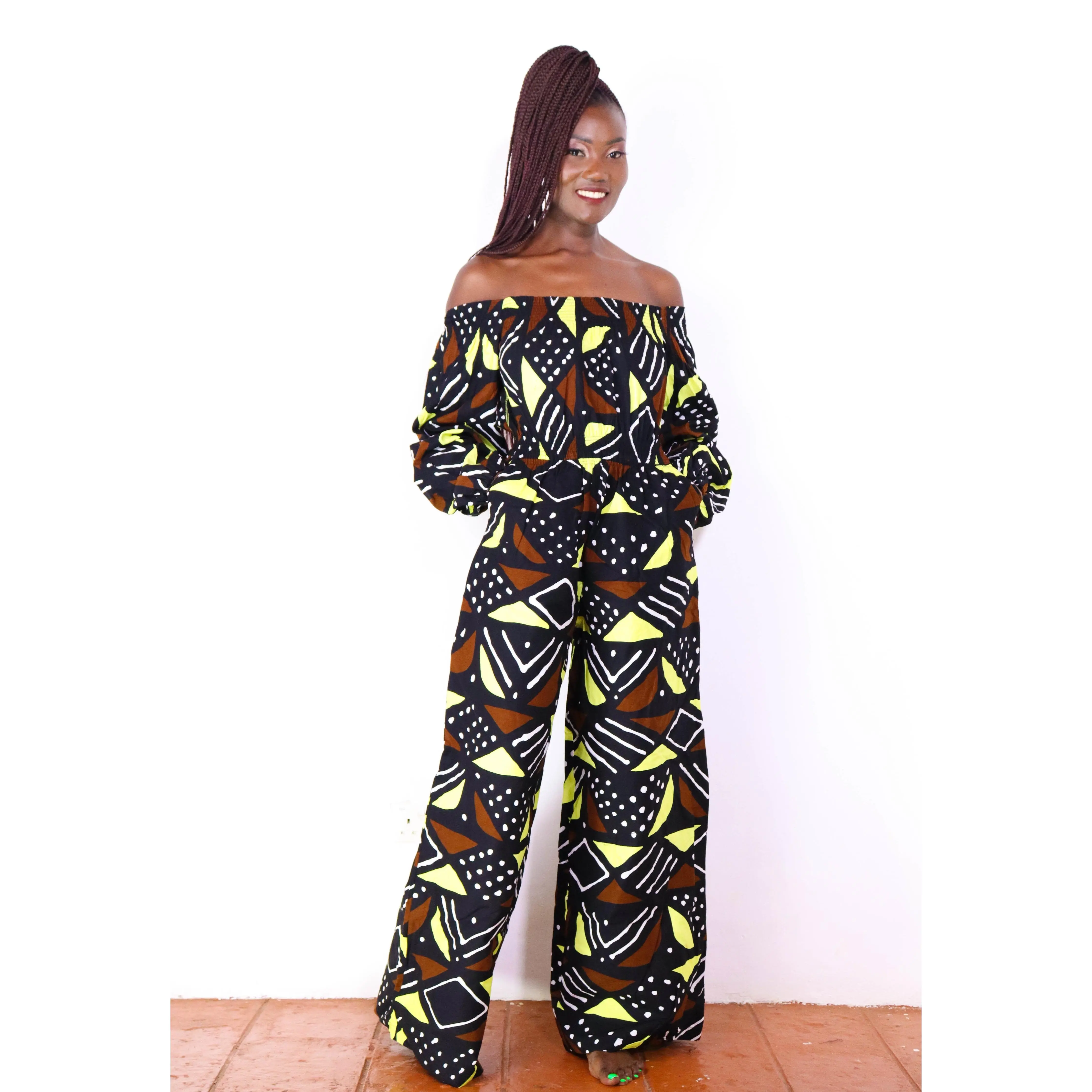 Ayaba Women's African Print Off-shoulder Jumpsuit (Neutral Mudcloth)