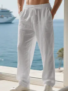 Men's Linen Blend Casual Wide Leg Pants, Elastic Waist Design, Comfortable Beach Shorts, All Seasons Wear, Multiple Colors Available