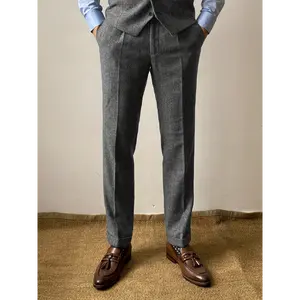 Tweed Blend Herringbone Formal Business Men's Vintage Dress Suit Pants, Solid Color, Regular Fit, Mid Waist, Cuffed Trousers, Drawstring Waist, Pocket Details, 57% Polyester, 10% Acrylic, 12% Polyamide, 12% Rayon, 100% Polyester Lining, 400
