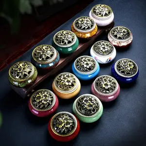 Ceramic ice crack plate incense burner, home decoration copper cover antique alloy incense plate aroma diffuser incense burner