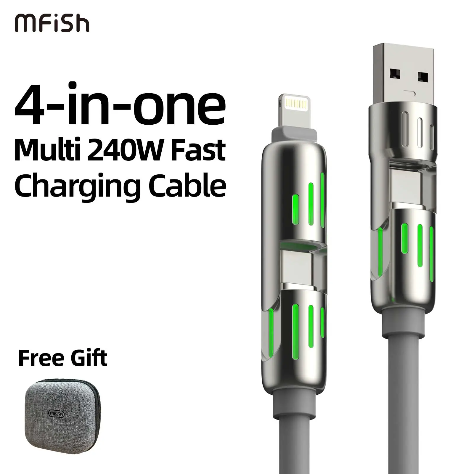 mfish Armored Dragon Ⅰ Universal 4-in-1 Multi USB Charging Cable with USB A,Type C,Lightning-MAX 240W Fast Charging&Data Sync for iPhone&Samsung