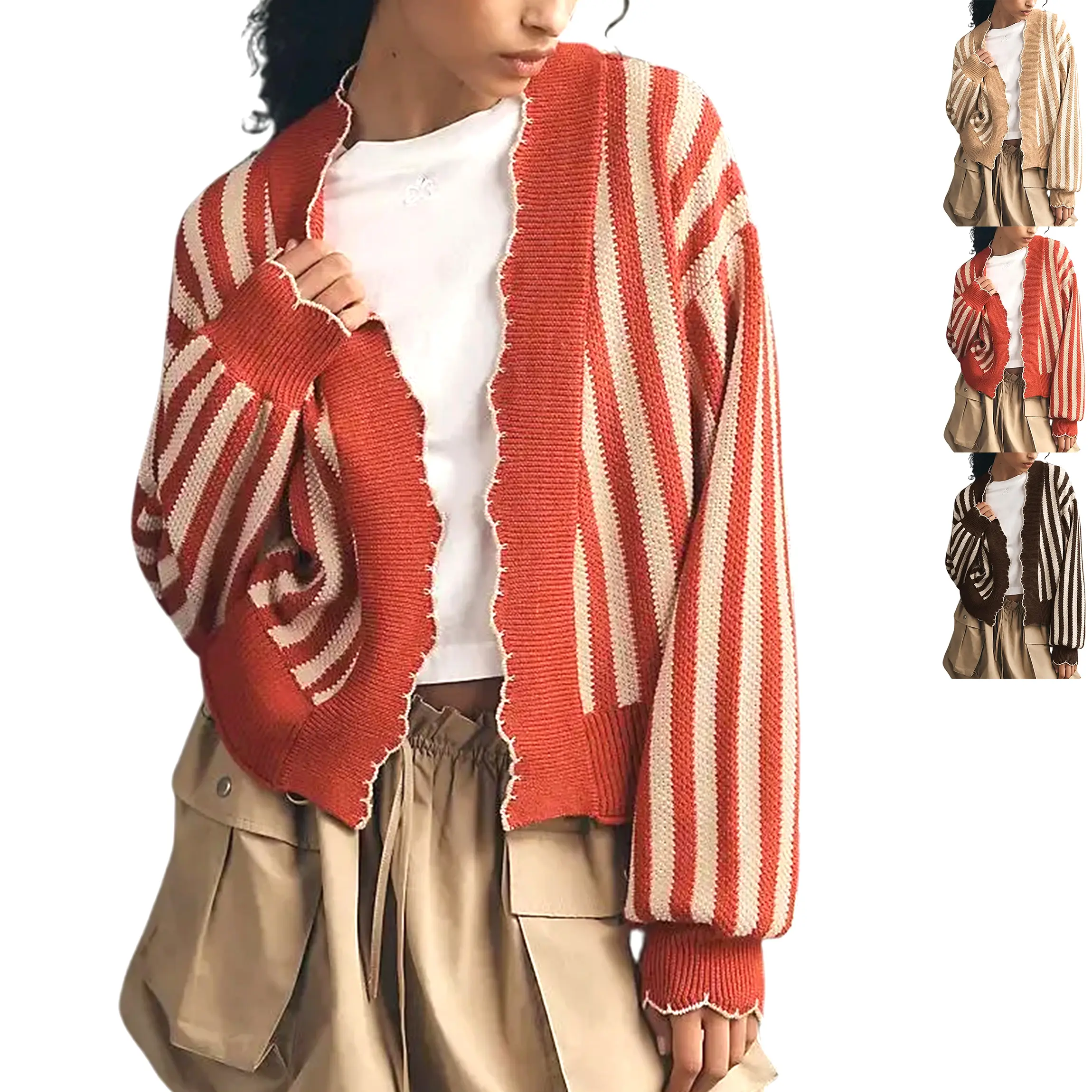 Buenoble Women’s Striped Knit Cardigan – Scalloped Open Front Oversized Balloon Sleeve Sweater, Casual Fall Layering Top