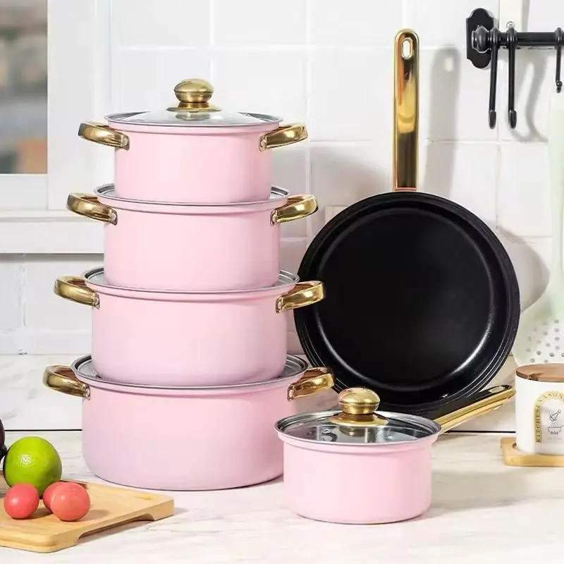 Pink & Black Cookware Set with Gold Handles and Lids for Versatile Cooking