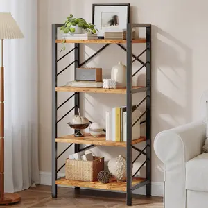 Raybee Multipurpose Bookshelves Decor Shelf Industrial Five-Tier Corner Bookshelf Modern Display Bookcase with Metal Frame Sidebars & Adjustable Feet for Bedroom Living Room and Home Office Rustic Brown Black