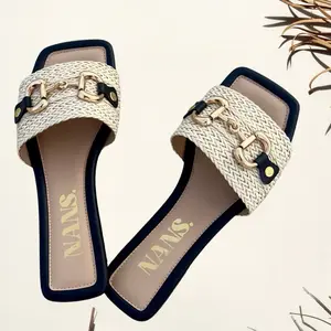NANS Old Money Sandals with Gold Logo Detail and Navy Blue Trim Women's Footwear