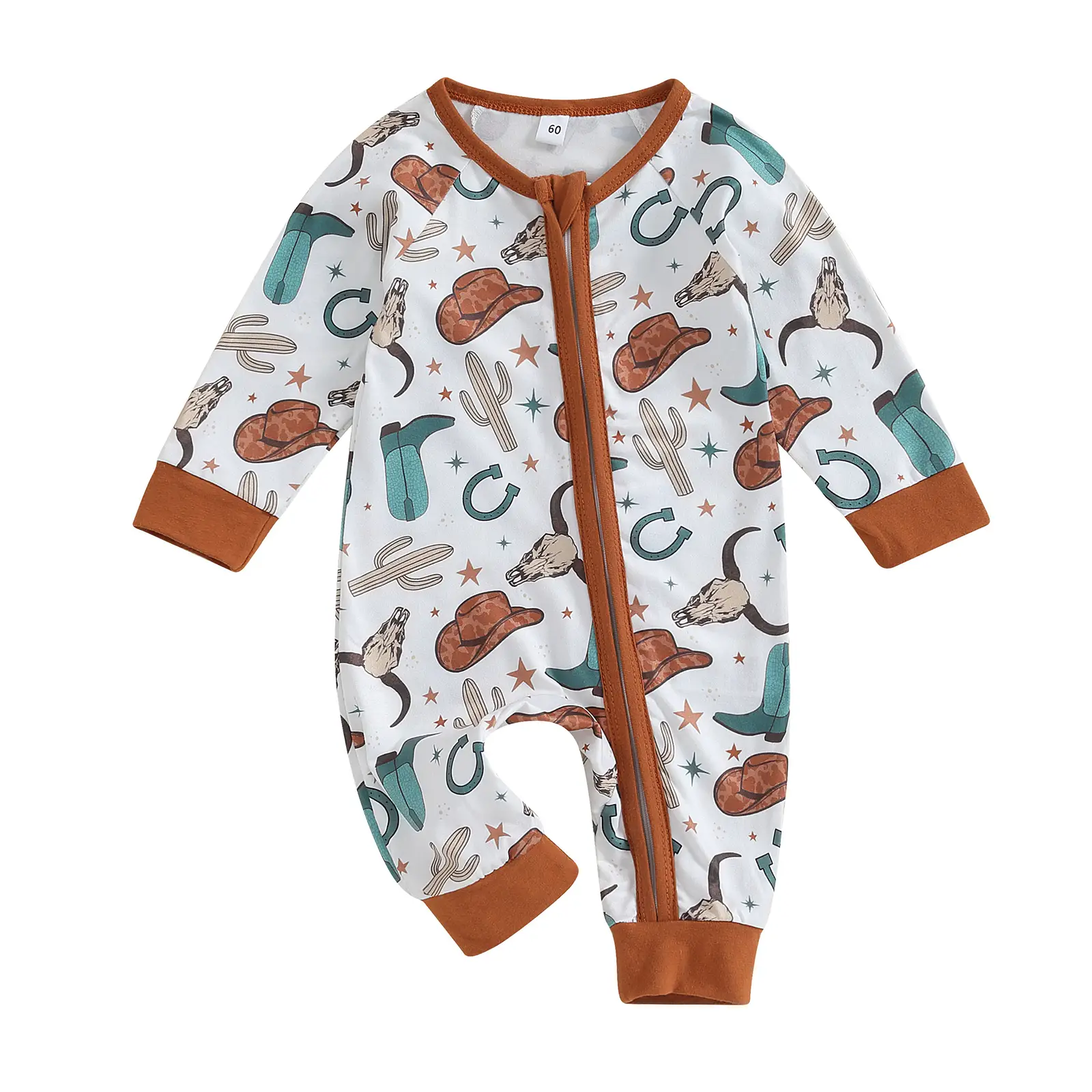 Western Baby Boy Girl Cowboy Clothes Neutral Zipped Fall Romper Outfit for Boy Girl Infant Lapel Cow Print Jumpsuit
