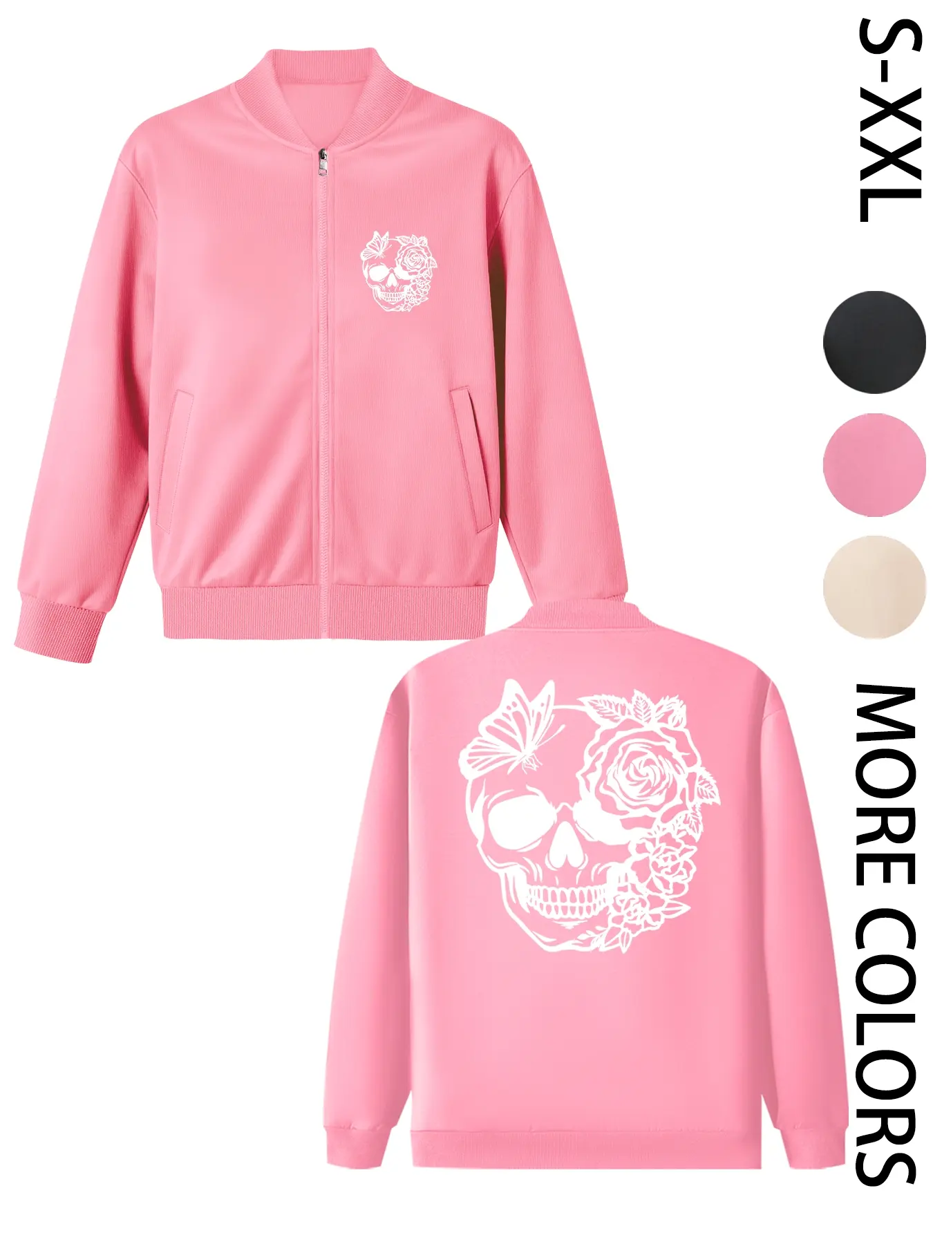 Women's American Street Style Hoodless Bomber Jacket with "Skull and Rose" Print, Lightweight Zip-Up Jacket, American Street Style Print Design, Suitable for All Seasons, Casual & Street Style