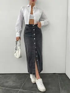 Washed High Waist Button Front Split Denim Midi Skirt, Fit, Womenswear, Minimalist Street Style Cool Girl Route, Fashionable Women's Dress