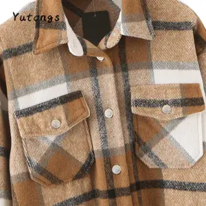 Coffee A002 Women Plaid Button Down Jacket, Casual Long Sleeve Loose Coat Lapel Outwear with Pocket